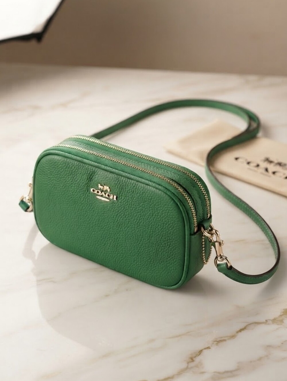 COACH Green Double Zip Pebbled Leather Crossbody Bag